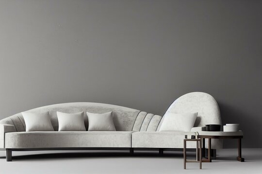 Modern Curved Sofa On A Monochrome Beige Background. Generative AI