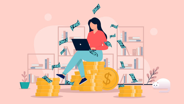 Woman Making Money - Person With Laptop Computer Sitting On Stack Of Coins Earning High Income While Paper Bills Falling From Above. Flat Design Vector Illustration