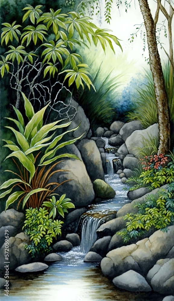 Poster a painting of a stream running through a lush green forest. generative ai