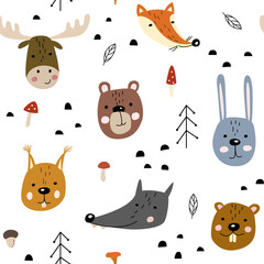 Seamless pattern with cute faces of forest animals in scandinavian style. Childish print for baby clothes, interior, packaging.