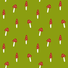 Seamless pattern with cute cartoon fly agarics on a bright green background.
