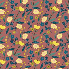 Seamless pattern with bright flowers, hand drawn, for textile, paper, color background