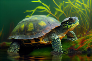 Obraz premium In aller Ruhe: Eine Schildkröte genießt das Grün - Generative Ai