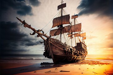 Pirate wrecked ship lying on the sand. An old ancient pirate galleon. Generative AI Art