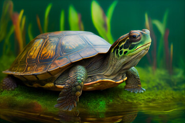 Fototapeta na wymiar In aller Ruhe: Eine Schildkröte genießt das Grün - Generative Ai