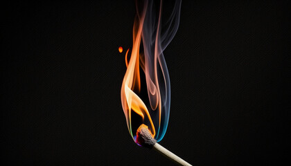 wooden match with a burning fire on a black background. ai generated - obrazy, fototapety, plakaty