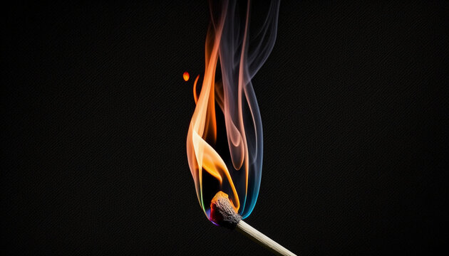 wooden match with a burning fire on a black background. ai generated
