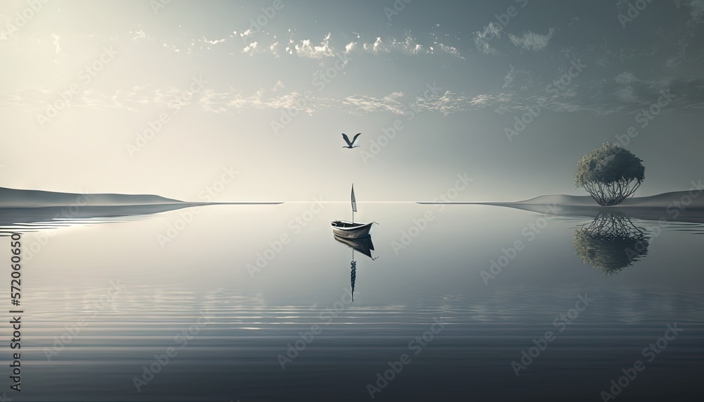 Poster a boat floating on top of a lake under a cloudy sky. generative ai
