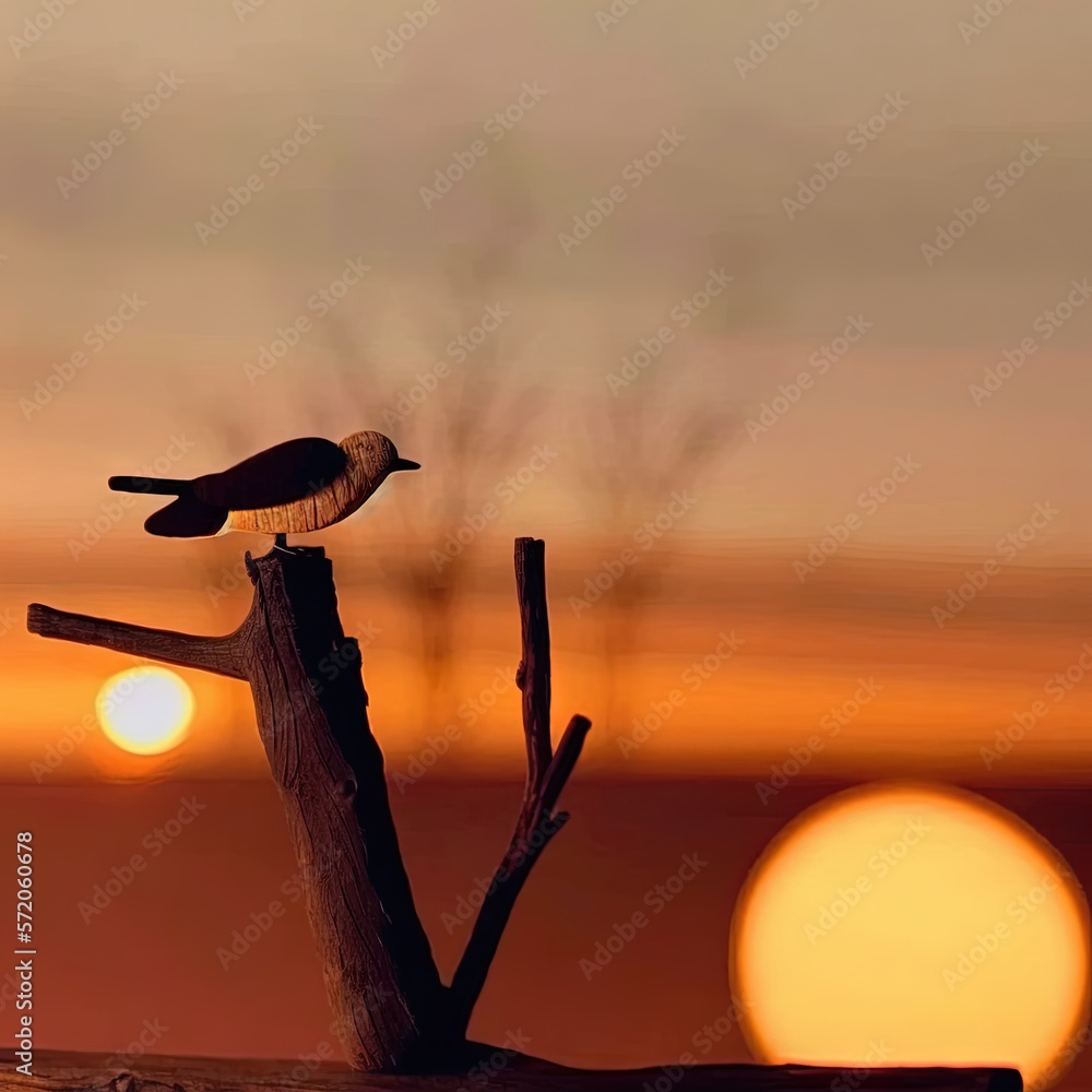 Poster  a bird perched on a tree branch in front of the sun.  generative ai