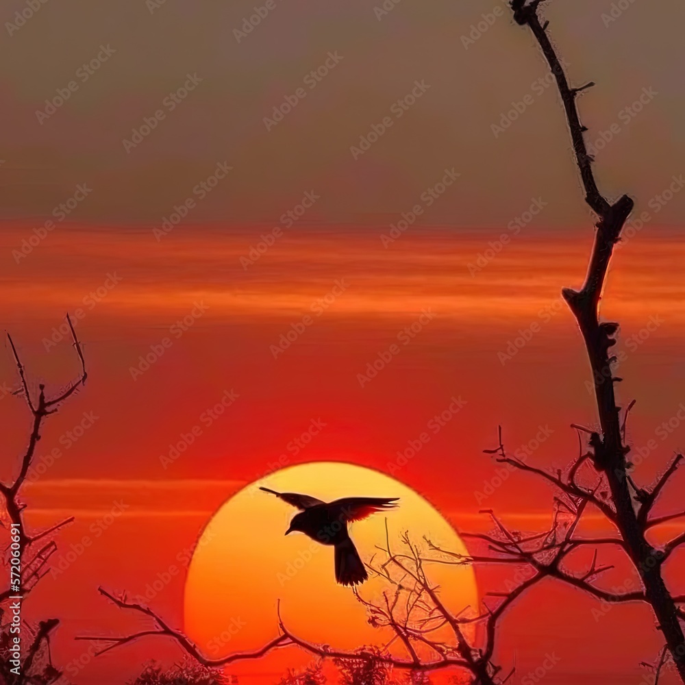Aufkleber a bird flying in front of a sunset with trees in the foreground. generative ai