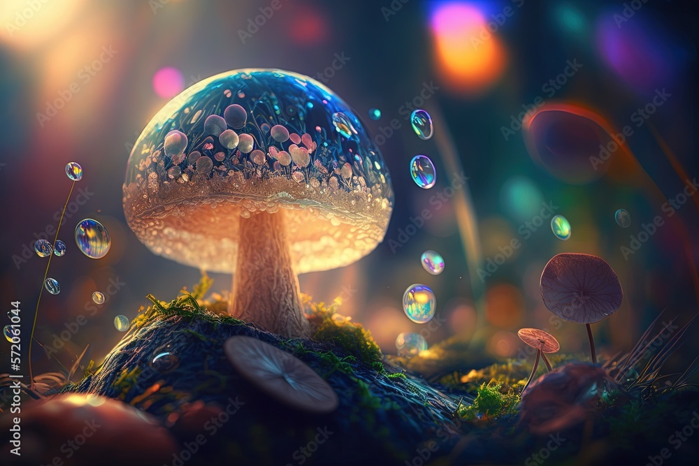 Poster a close up of a mushroom with bubbles in the air. generative ai