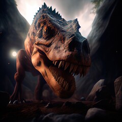 Tyrannosaurus Rex in the ancient prehistoric jungle. An ancient predatory dinosaur. Generative AI Art