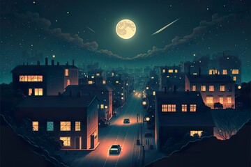 Night city flat illustration created with Generative AI 