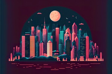Night city flat illustration created with Generative AI 