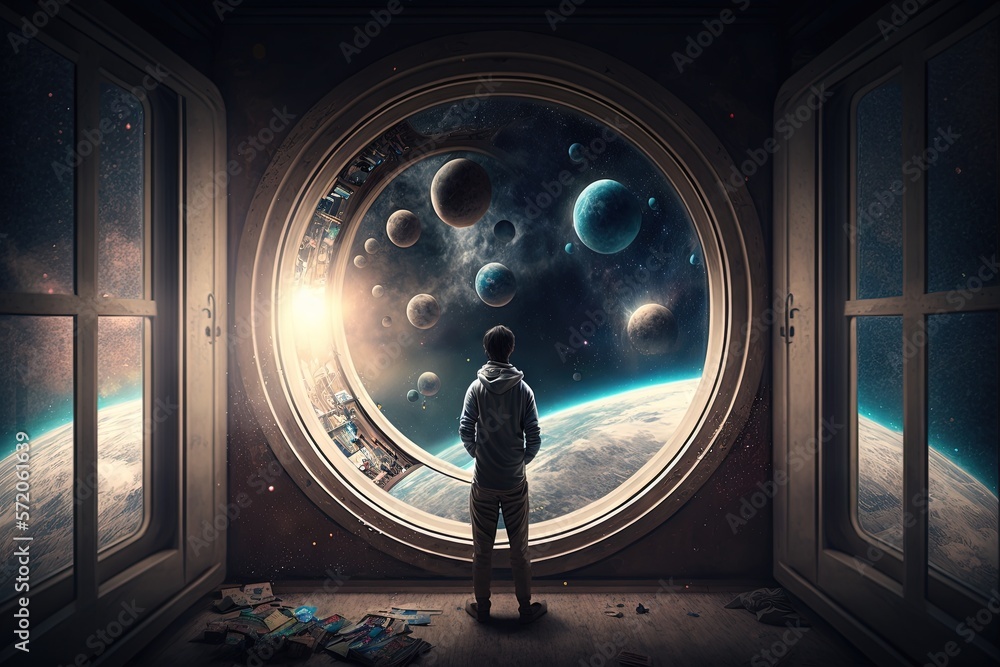 Aufkleber a man standing in front of a window looking out at the planets. generative ai