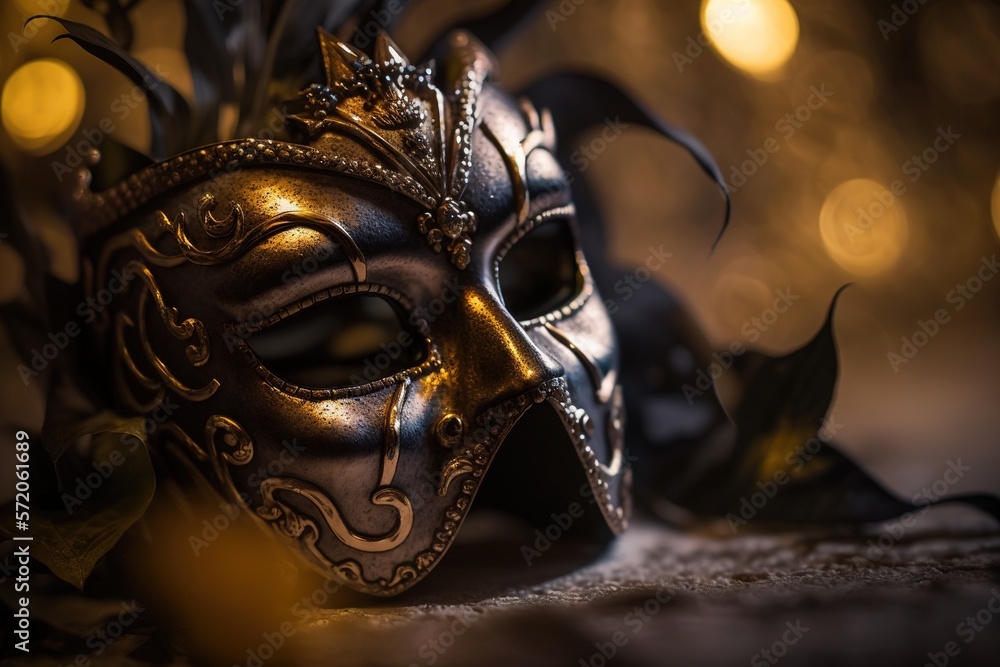 Poster a close up of a masquerade mask on a table. generative ai