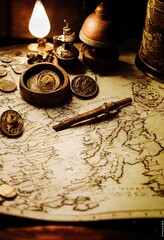An ancient pirate map in the cabin of a pirate ship. Image of an ancient ancient pirate map. An ancient paper pirate scroll. Generative AI Art