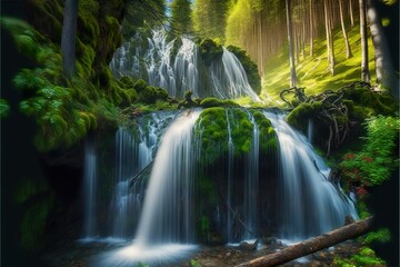 Fototapeta na wymiar Landscape with waterfall created with Generative AI 