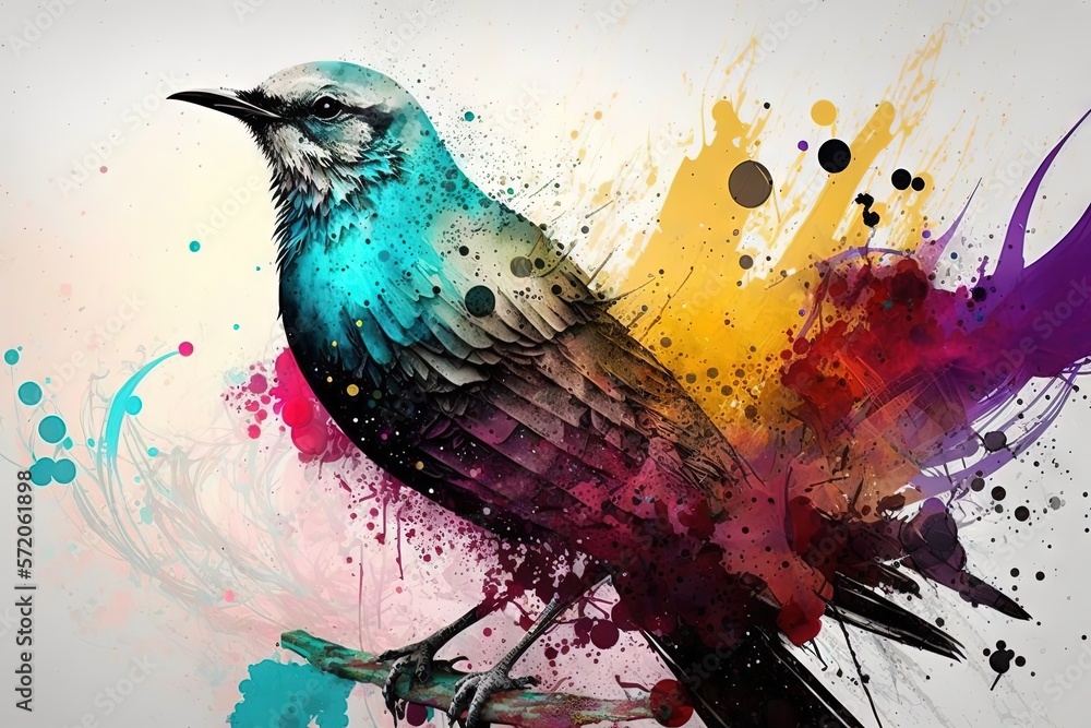Poster a colorful bird sitting on top of a branch of a tree. generative ai