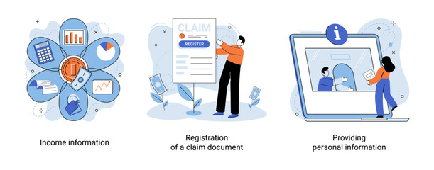 Registration of claim form register document, providing personal information, income information vector set. Employer form, earnings statement documents. Tax, financial and accounting reporting