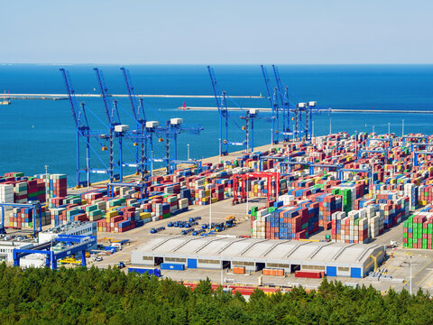 Deepwater Container Terminal in Northern Port, Gdansk, Poland. Aerial landscape.