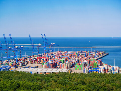 Deepwater Container Terminal in Northern Port, Gdansk, Poland. Aerial landscape.