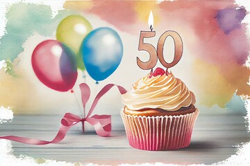  50 anniversary celebration cupcake with candle and balloons, watercolor style AI Generated