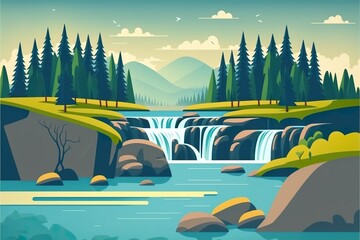 Landscape with waterfall flat illustration created with Generative AI 