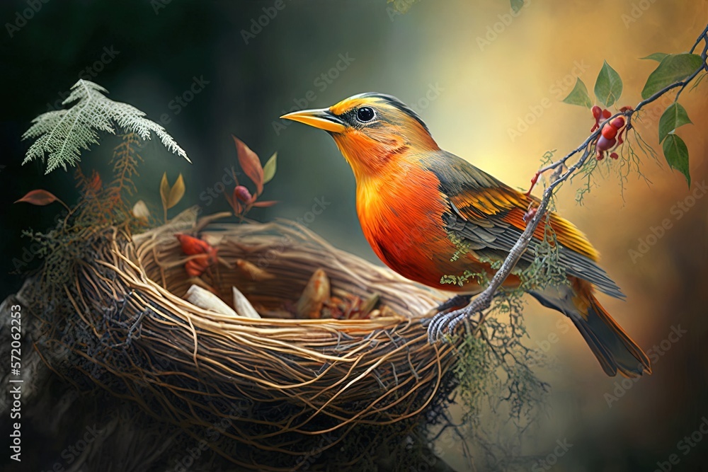 Aufkleber a bird sitting on top of a nest on top of a tree. generative ai