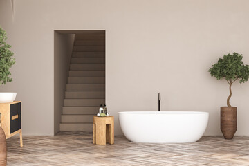 Obraz na płótnie Canvas Interior of modern bathroom with beige walls, wooden floor, bathtub, plants, shower, white sink standing on wooden countertop and a oval mirror hanging above it. 3d rendering
