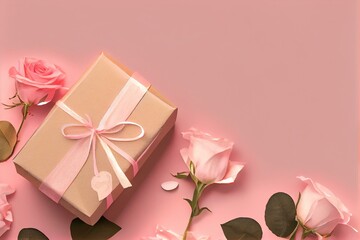  Valentine's Day design concept background with pink rose flower and wrapped kraft gift box on pink table background, watercolor style AI Generated