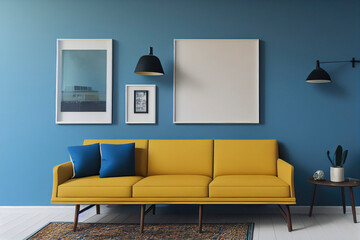 Clean Mid Century Modern Blue Living Room Interior with Photo Frame Mockup and Yellow Sofa with Blue Throw Pillows Made with Generative AI