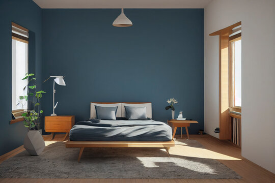 Navy Blue Bedroom Interior With Staged Furniture And Blank Wall Made With Generative AI