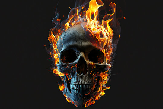 Human skull with flame. AI generated image.