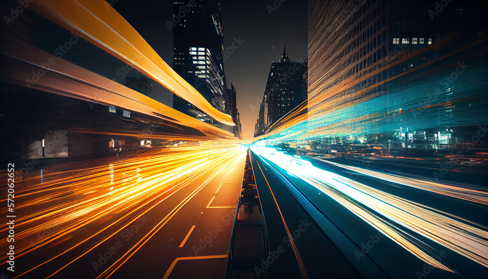 Poster abstract long exposure dynamic speed light trails in an urban environment. generative ai