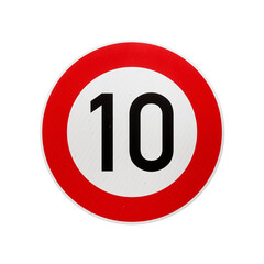 10 km/h European speed limit road sign isolated on transparent background. 3D rendering