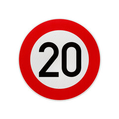 20 km/h European speed limit road sign isolated on transparent background. 3D rendering