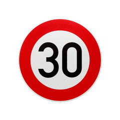 30 km/h European speed limit road sign isolated on transparent background. 3D rendering