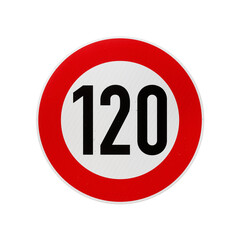 120 km/h European speed limit road sign isolated on transparent background. 3D rendering