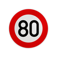 80 km/h European speed limit road sign isolated on transparent background. 3D rendering