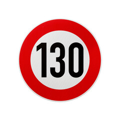 130 km/h European speed limit road sign isolated on transparent background. 3D rendering