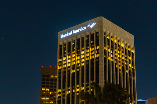 Los Angeles, United States - November 16, 2022: A picture of the Los Angeles Bank of America Downtown building at night.