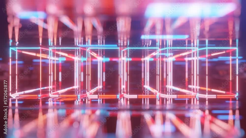 Aufkleber frames and cubes. 3d object or structure rotates and moves inside glass mirror tunnel with neon ligh