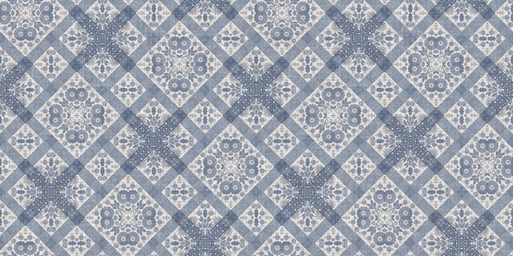 Farm House Blue Intricate Damask Seamless Border. Tonal French Country Cottage Style Trim. Simple Rustic Fabric Textile For Shabby Chic Patchwork. 