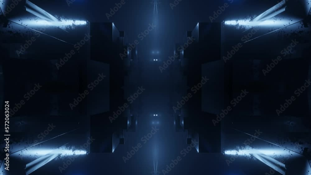 Poster fly through symmetrical technology cyberspace with neon glow. sci-fi flight through hi-tech technolo