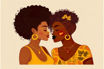 Cute couple of black skin lesbian lovers flat illustration created with Generative AI  - obrazy, fototapety, plakaty