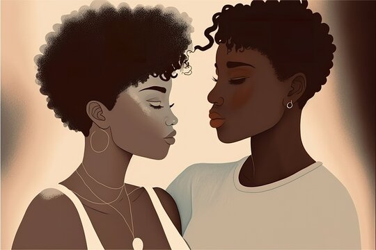 Cute Couple Of Black Skin Lesbian Lovers Flat Illustration Created With Generative AI 