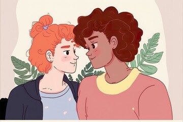 Cute couple of lesbian lovers flat illustration created with Generative AI 