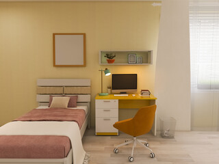 Room interior, table, computer 3d render, 3d illustration