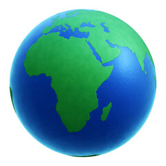 Stylized three-dimensional earth globe icon centered on Europe, Africa and the Middle East. 3D rendering isolated on transparent background